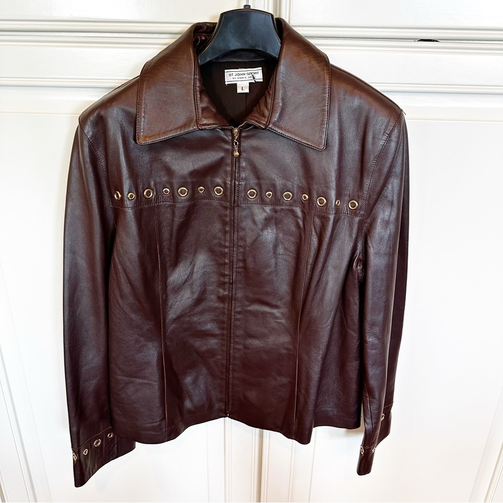 St John Sport Womens Brown Leather Jacket Coat Gold Grommet Y2K 90’s Style Large